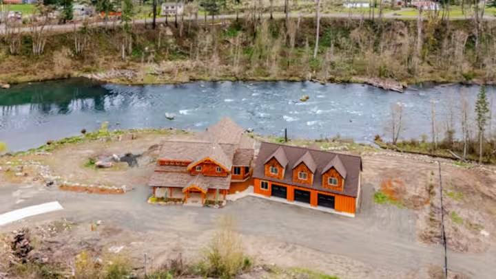 Aerial view of the River Lodge on the bank of the North Santiam River